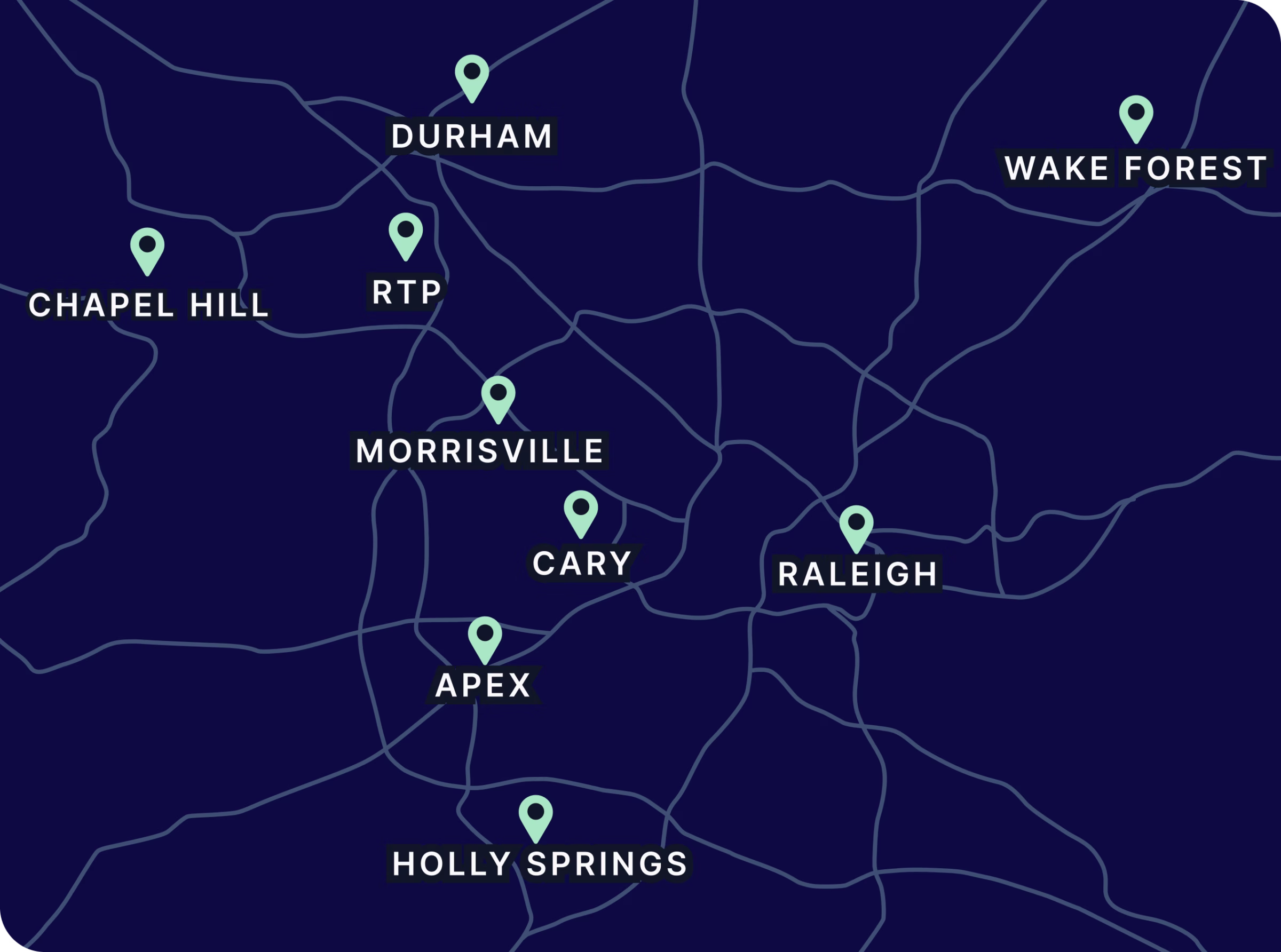 RDU Event Production Coverage Map - Audio Service area map showing Unstoppable Events corporate event production coverage across the Research Triangle including Raleigh, Durham, Cary, Chapel Hill, Morrisville, Apex, Wake Forest, Holly Springs, and RTP North Carolina